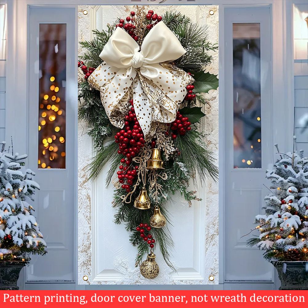 

Classic Christmas Hanging - Polyester Door Cover With Bells, Bows And Flowers - Indoor/outdoor Holiday Decoration - No Electricity Required - 35.4x70.8 Inch