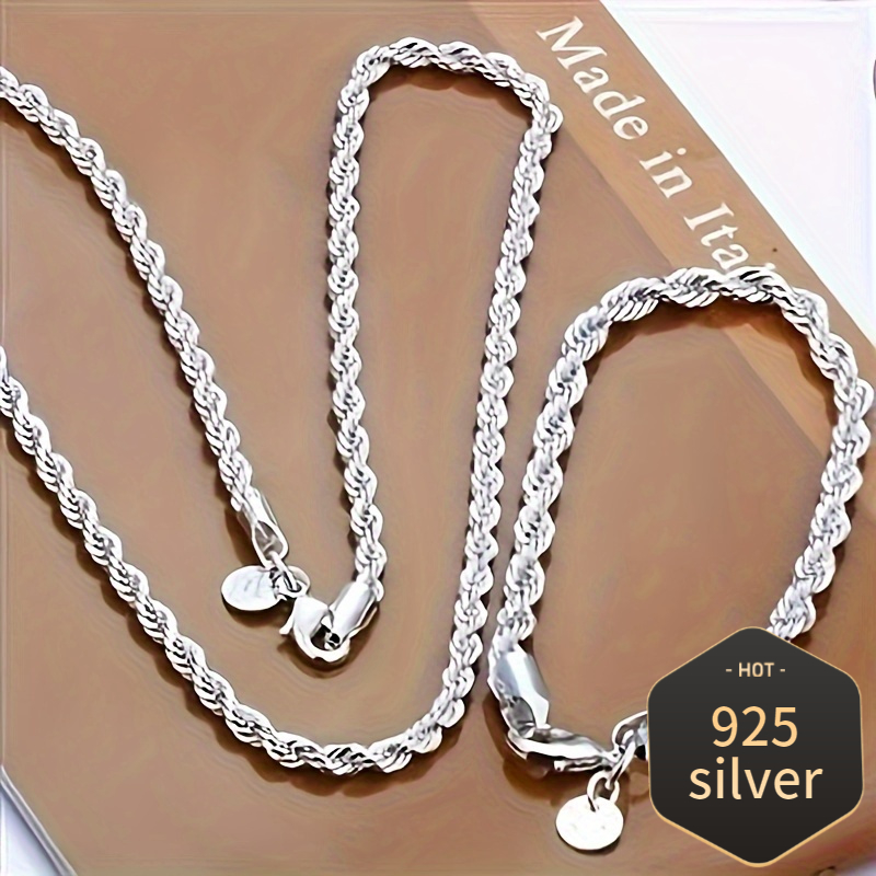 

1 Set Of 2 Pieces 925 Sterling Silver Twisted Rope Chain (necklace + Bracelet) Set Ideal Gift For Party Date