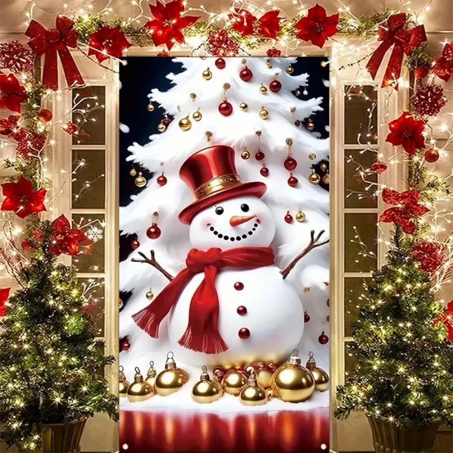 

Christmas Snowman Front Door Porch Banner, Polyester Winter Door Cover, 35 X 70 Inch Room Front Door Backdrop, 1pc Graphic Hanging Seasonal Door Banner, Party Decorations