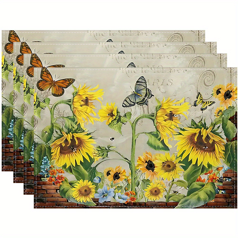 

4/6pcs Placemats, Vintage Sunflower Placemats, Coffee Mats Countertop And Patio Table Decorations Wear-resistant Home Kitchen Supplies