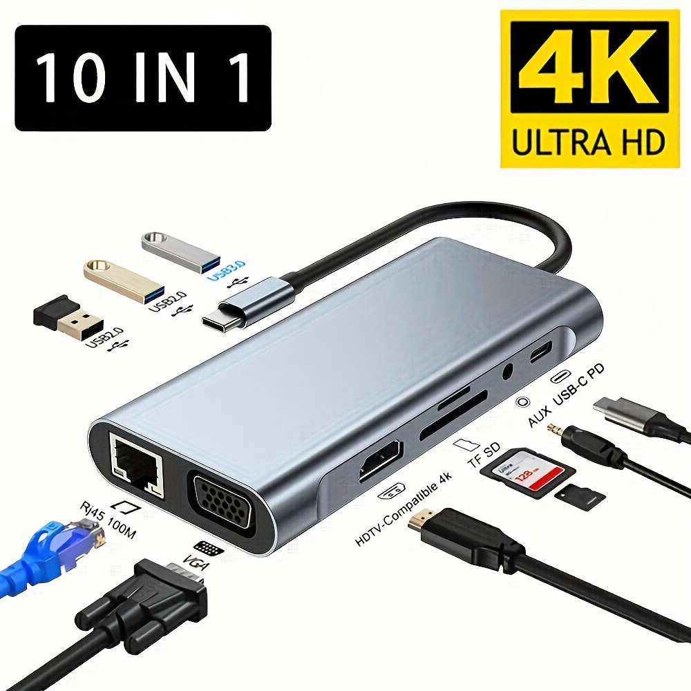 

4k Type-c To Hdtv Compatible Usb 3.0 Adapter 10-in-1 Type-c Docking Station Pd 87w Usb C Splitter For Macbook