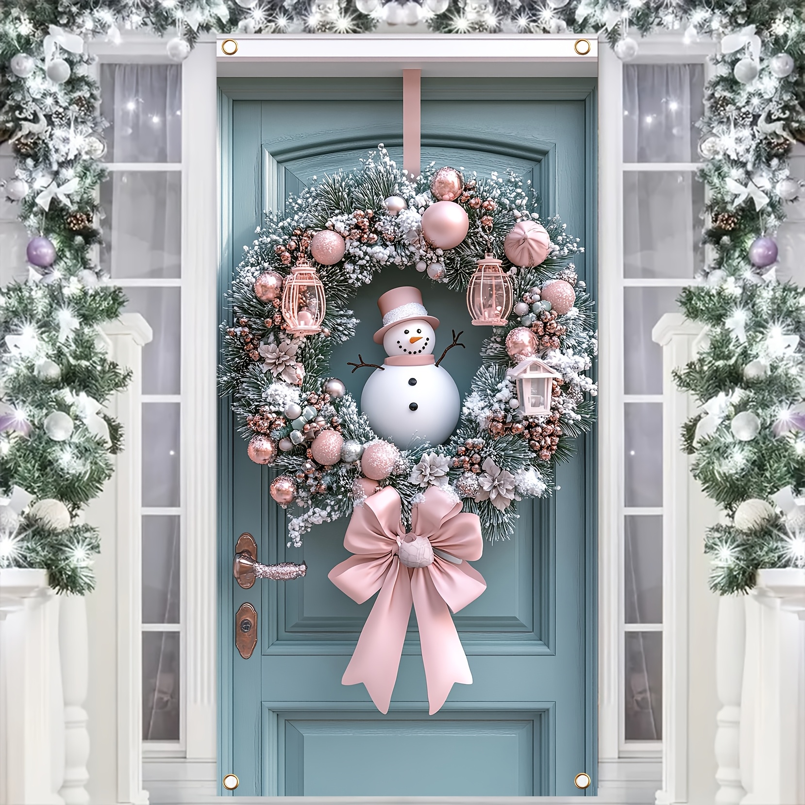 

1pc Christmas Door Cover Contemporary With Snowman Wreath With Bow - Polyester Christmas Hanging Decor, Universal Fit, For Indoor & Outdoor Holiday Parties - 35.4x70.8 Inch