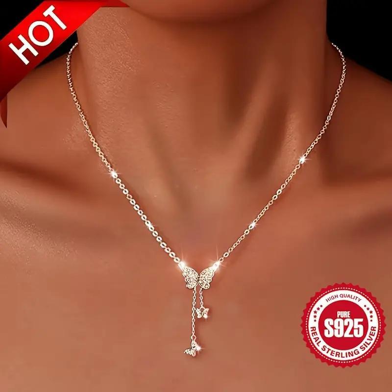 

Women's Elegant Pendant Necklace, 925 Sterling Silver, Luxury Zirconia Setting Tassel Design, Allergy-free, Suitable For And Vacation, Gift For Christmas - 3.41 Grams