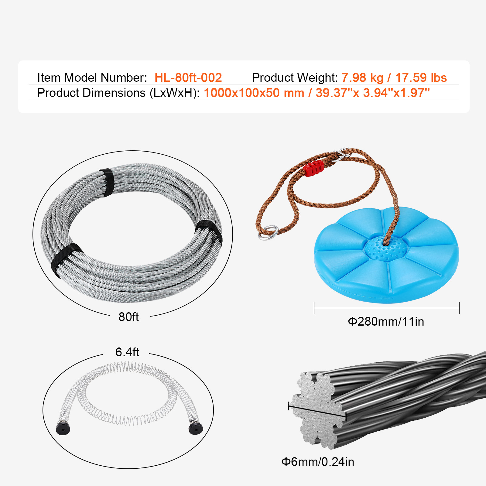 VEVOR Zipline Kit for Kids and Adult, 80 ft Zip Line Kits Up to 500 lb, Backyard Outdoor Quick Setup Zipline, Playground Entertainment with Stainless Steel Zipline, Spring Brake, Safety Harness, Seat