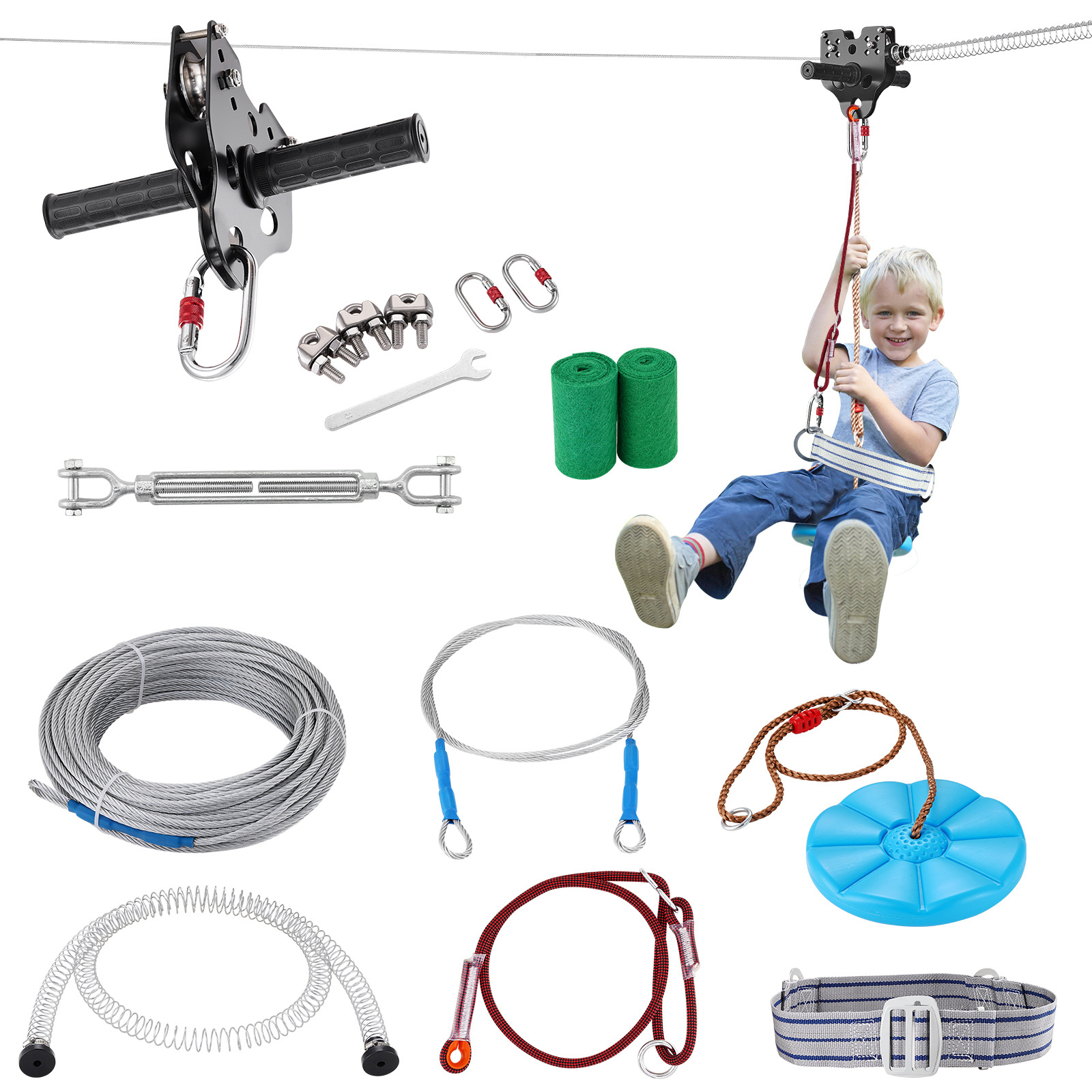 VEVOR Zipline Kit for Kids and Adult, 80 ft Zip Line Kits Up to 500 lb, Backyard Outdoor Quick Setup Zipline, Playground Entertainment with Stainless Steel Zipline, Spring Brake, Safety Harness, Seat