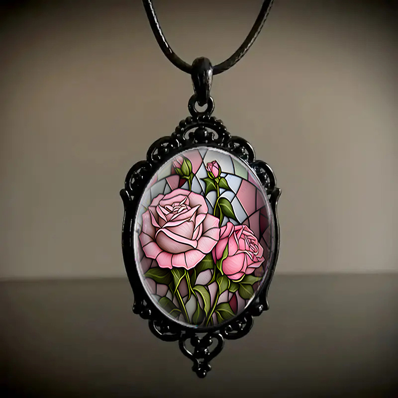 

An Oval Glass Pendant Necklace With Pattern, Romantic And Fashionable Jewelry Accessory, Suitable For , As A Perfect Gift For Halloween, Christmas And Birthday Celebrations