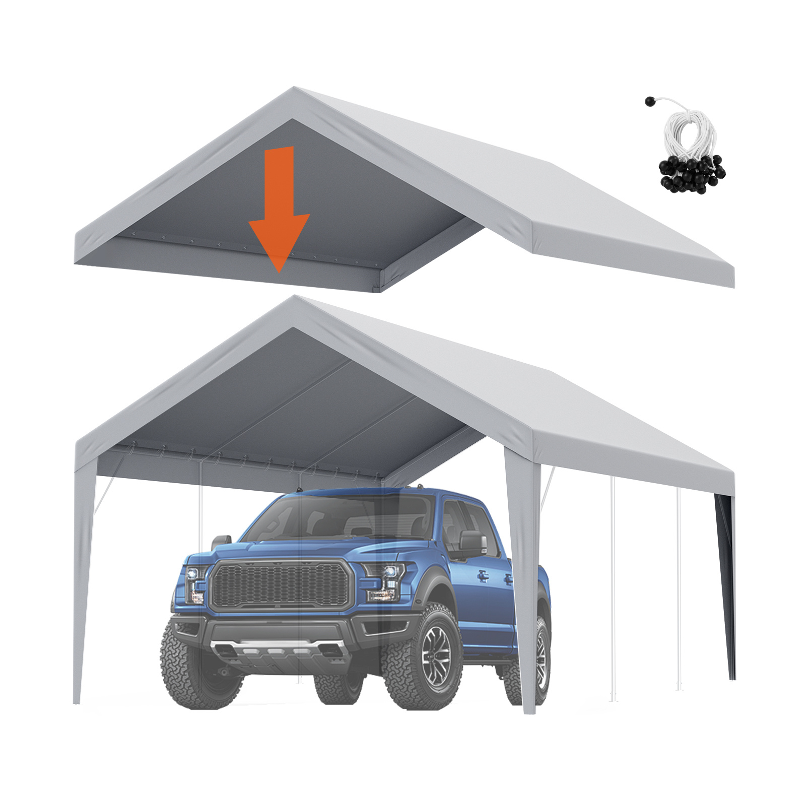 TEMU Vevor Carport Replacement Canopy Cover 12 X 20 Ft, Garage Top Tent Shelter Tarp Heavy-duty Waterproof & Uv Protected, With Ball ,grey (only Top