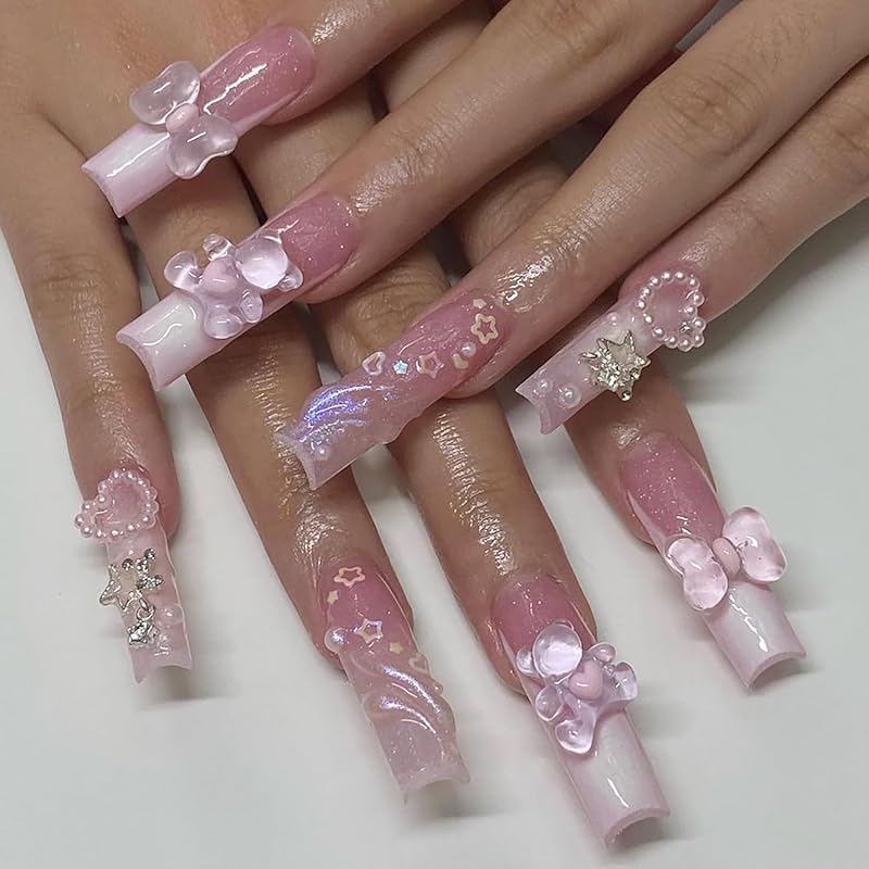 

Pink French Tip Press On Nails Long Square Aritifical Acrylic Fake Nails With Bow Tie Stars Full Cover Coffin False Nails Nature On Nails Kit Glue On Nails For Women