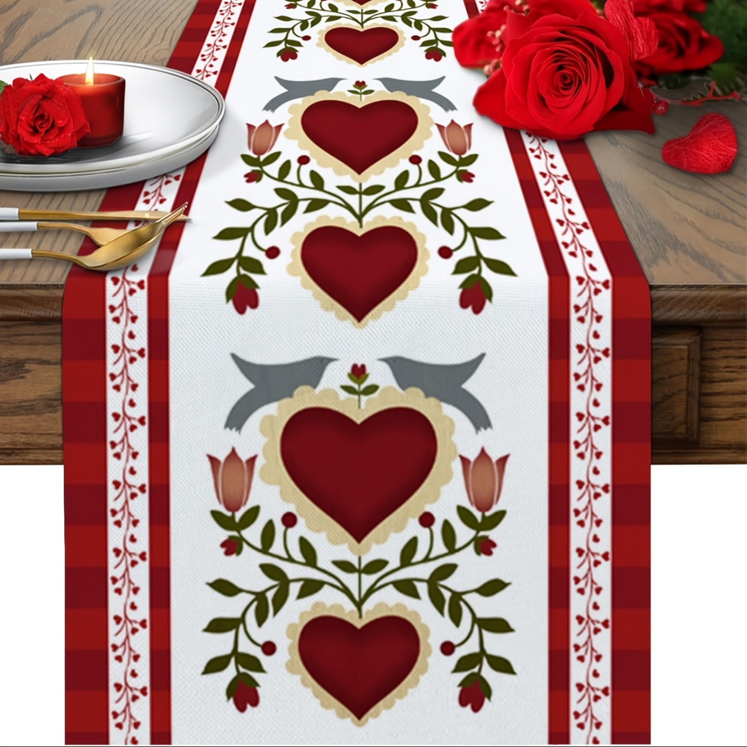 

Valentine's Day And Floral Red Striped Linen Table Runner - Dining Tables, Coffee Tables And Farmhouse Decor, Rectangle