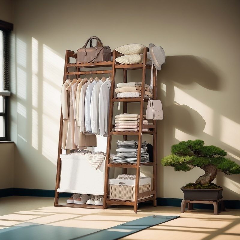 A multi capacity storage rack with brown and brown options, equipped with 5 side storage racks. A hat rack with shelves and bags is suitable for home storage, and a side hat hook is suitable for bedroom and hat room storage Specifications: with bag or without bag