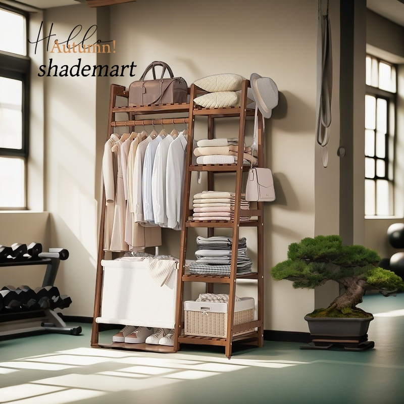 A multi capacity storage rack with brown and brown options, equipped with 5 side storage racks. A hat rack with shelves and bags is suitable for home storage, and a side hat hook is suitable for bedroom and hat room storage Specifications: with bag or without bag