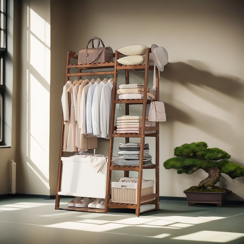 A multi capacity storage rack with brown and brown options, equipped with 5 side storage racks. A hat rack with shelves and bags is suitable for home storage, and a side hat hook is suitable for bedroom and hat room storage Specifications: with bag or without bag