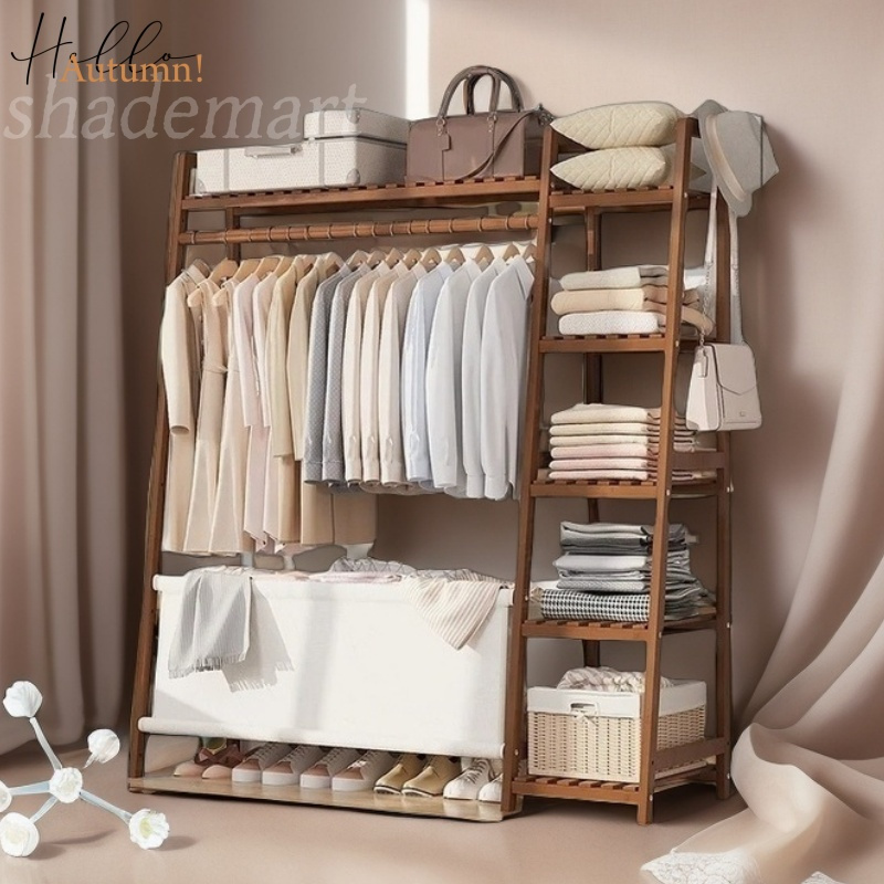 A multi capacity storage rack with brown and brown options, equipped with 5 side storage racks. A hat rack with shelves and bags is suitable for home storage, and a side hat hook is suitable for bedroom and hat room storage Specifications: with bag or without bag