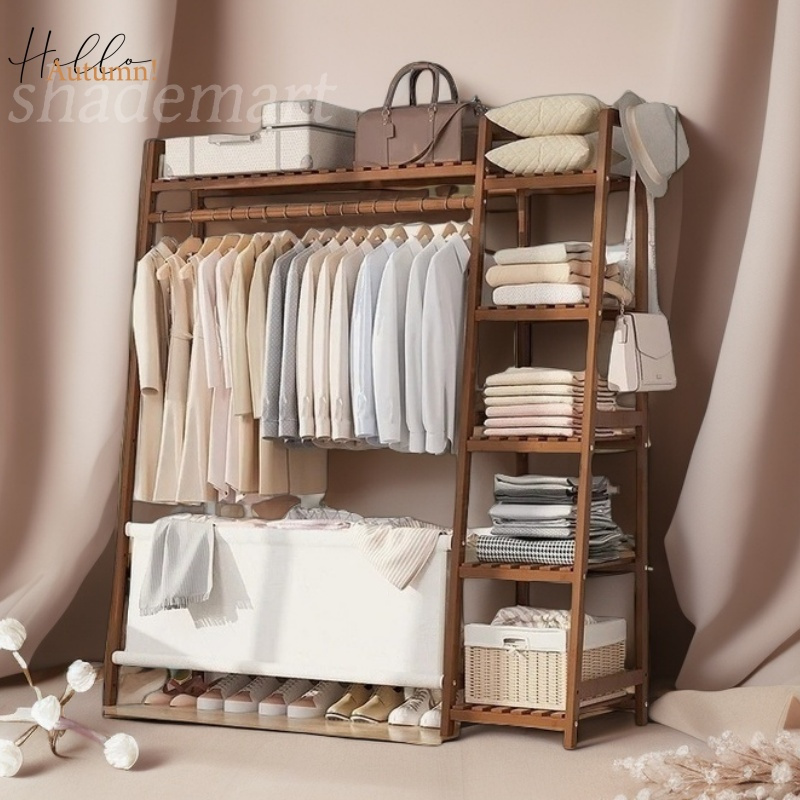 A multi capacity storage rack with brown and brown options, equipped with 5 side storage racks. A hat rack with shelves and bags is suitable for home storage, and a side hat hook is suitable for bedroom and hat room storage Specifications: with bag or without bag
