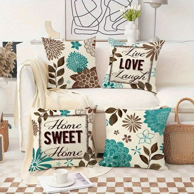 

4 Pcs Modern Geometric Floral Polyester Throw Pillow Covers, 18x18inch Knit Decorative Cushion Covers For Home, Farmhouse Decor, Sofa, Patio, Porch - "live, Love, Laugh" And "" Designs, No Inserts