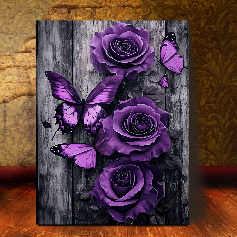 

Wooden Frame Room Decor 1pc, Purple Ros And Butterfli Canvas Wall Art,, Wooden Floral , New Year, Valentine's, Thanksgiving, Easter, Ideal Holiday Gift-wrapped Canvas