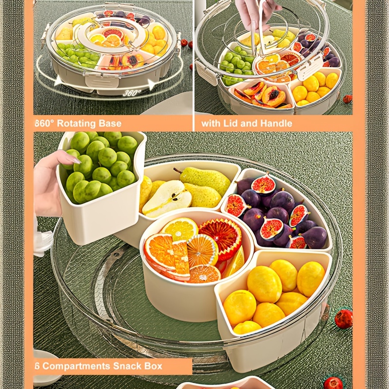 

1 Rotatable Multifunctional Snack Tray With Lid And Handle - Large Platter For , Vegetables, And Fruit - Tacos, Parties, And Travel Picnics