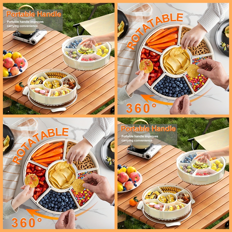 

1 Rotatable Multifunctional Snack Tray With Lid And Handle - Large Platter For , Vegetables, And Fruit - Tacos, Parties, And Travel Picnics