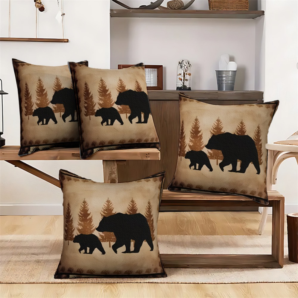 

Set Of 4 Bear Polyester Throw Pillow Covers, Nature Wildlife Bear Tree Yellow Brown Pillow Covers, Soft Wildlife Cushion Covers For Sofa Home Decor, No Pillow , 18 X 18 Inch