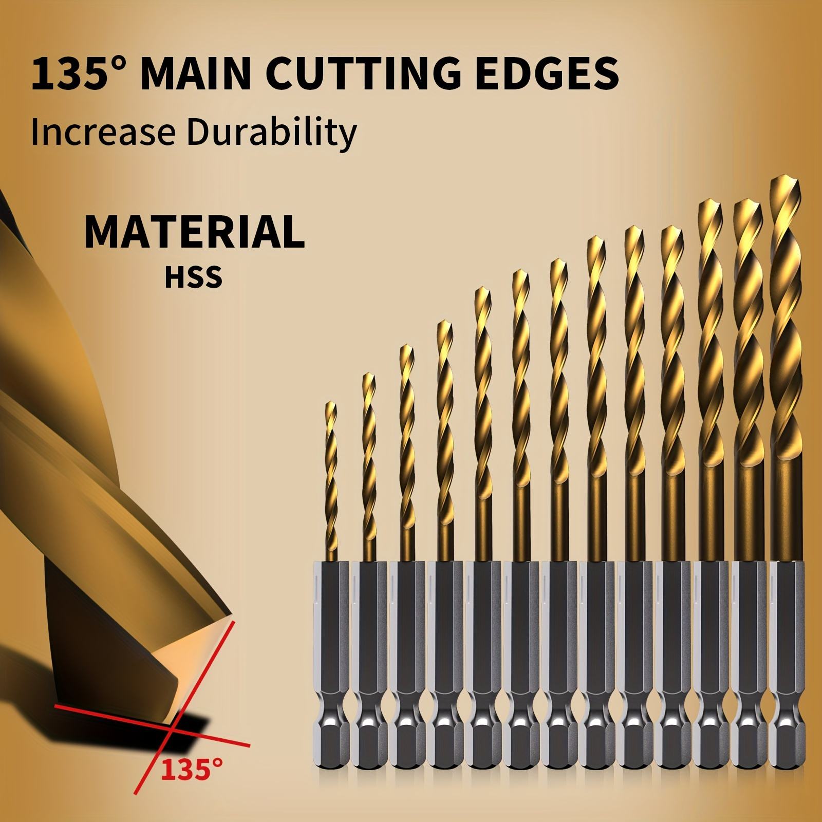 

13pcs Hss Titanium Coated Hex Shank Drill Bit Set, 1.5-6.5mm Steel Twist Drill Bits, Conventional Spiral Tool Flute With Hexagonal Shank For Power Tools