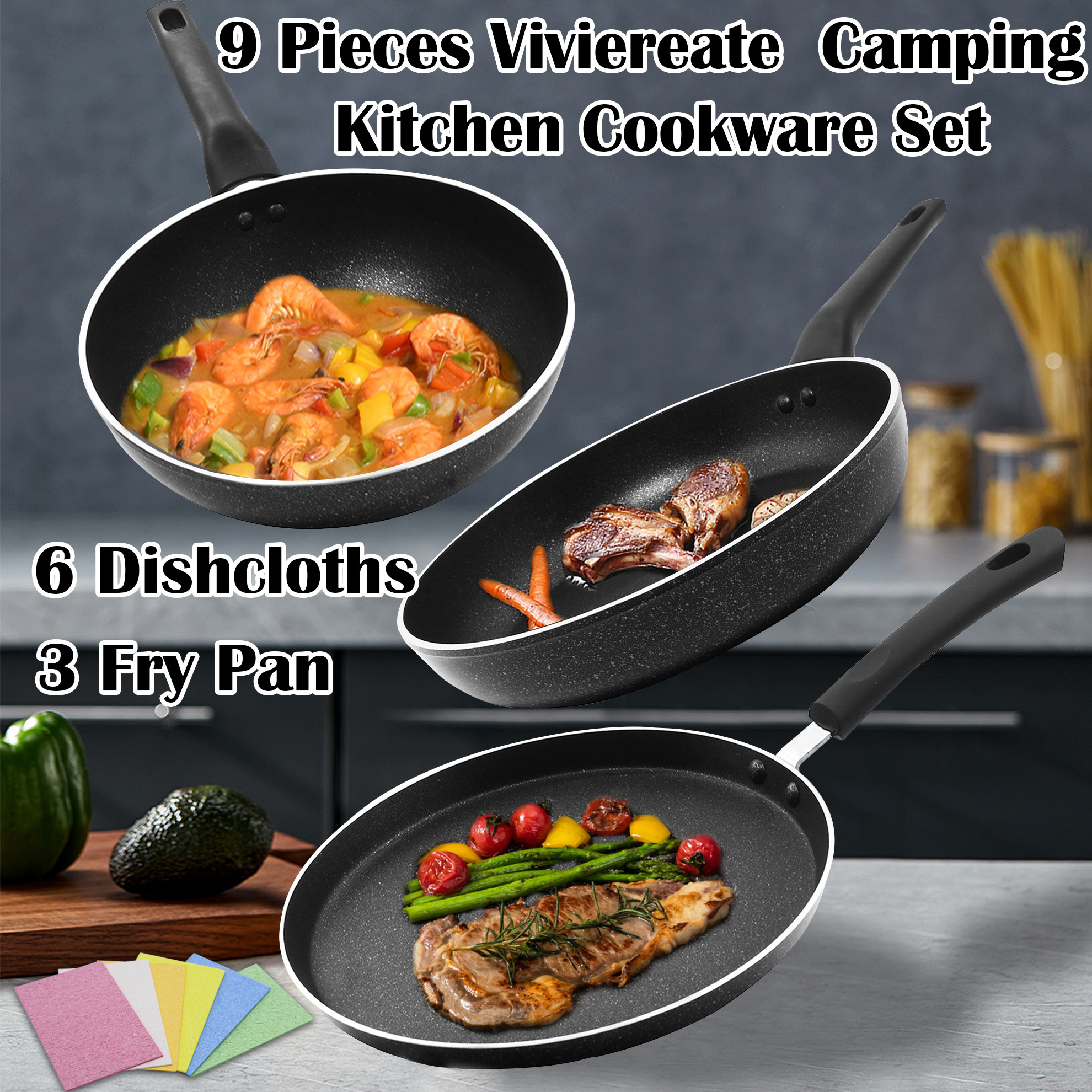 Vivicreate 9 Pieces Camping Kitchen Cookware Set，nonstick Frying Pan , Granite Coating Omelette Pan, Healthy Stone Cookware , Free For Ourdoor Home Bbq Baking