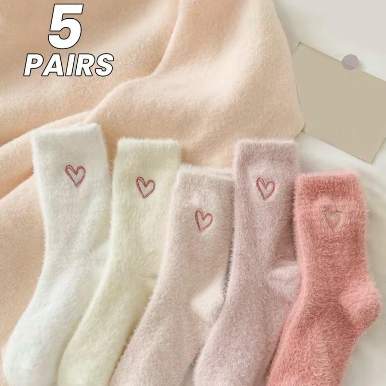 

5 Pairs Heart Embroidery Socks, Cute & Warm Fluffy Socks Women's Stockings &hosiery Soft Ankle Socks Fit Fuzzy Stretchy Embroidered.