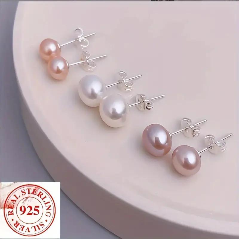 

3 Pairs Of 925 Silver Natural Earrings, , Suitable For Daily And Gift , Christmas Jewelry (white, Pink, Purple)