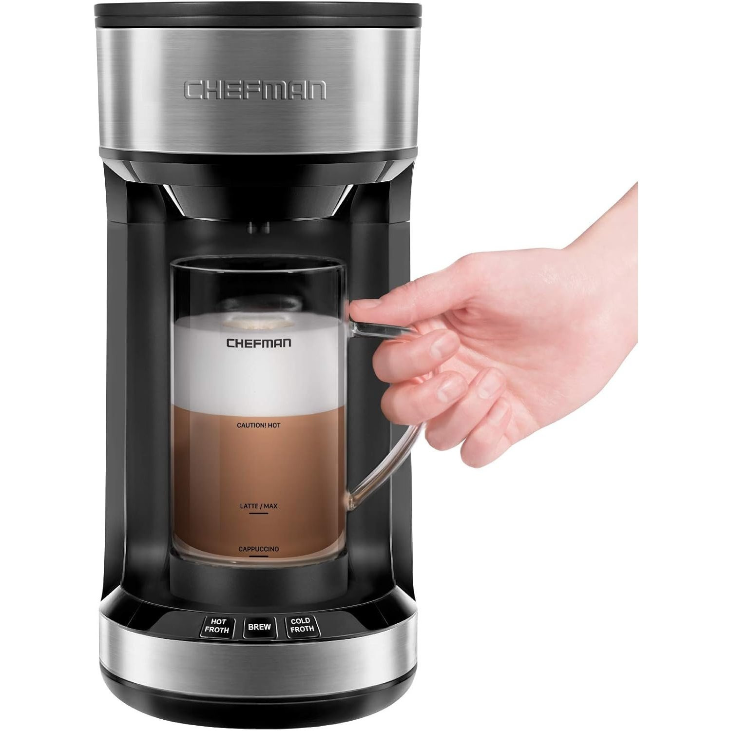 TEMU + Brew Coffee Maker And Milk Frother -cup Pods & Grounds For Latte And Cappuccino Style Drinks, Compact 20 Oz. Glass Mug And Reusable Filter Included, 21 Oz By