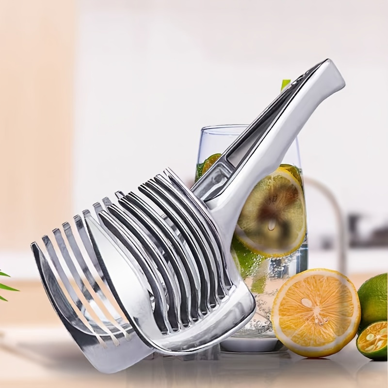 

1pc Tomato Lemon Holder, Round Fruits Onion Cutter Guide Tongs With Handle, Stainless Steel Kitchen Cutting Lime Food Stand