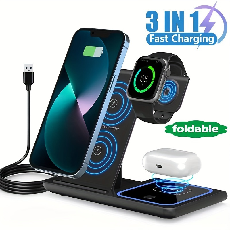 

Portable 3-in-1 Wireless Charger Stand Fast Charging Station For 15 14 13 Pro Max Apple Watch Airpods