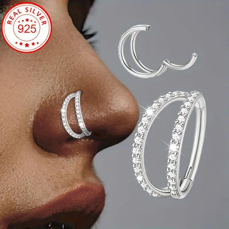 

Hypoallergenic 925 Sterling Silver Double-layer Gothic Punk Style Nose Ring With Zirconia - Parties And Festivals