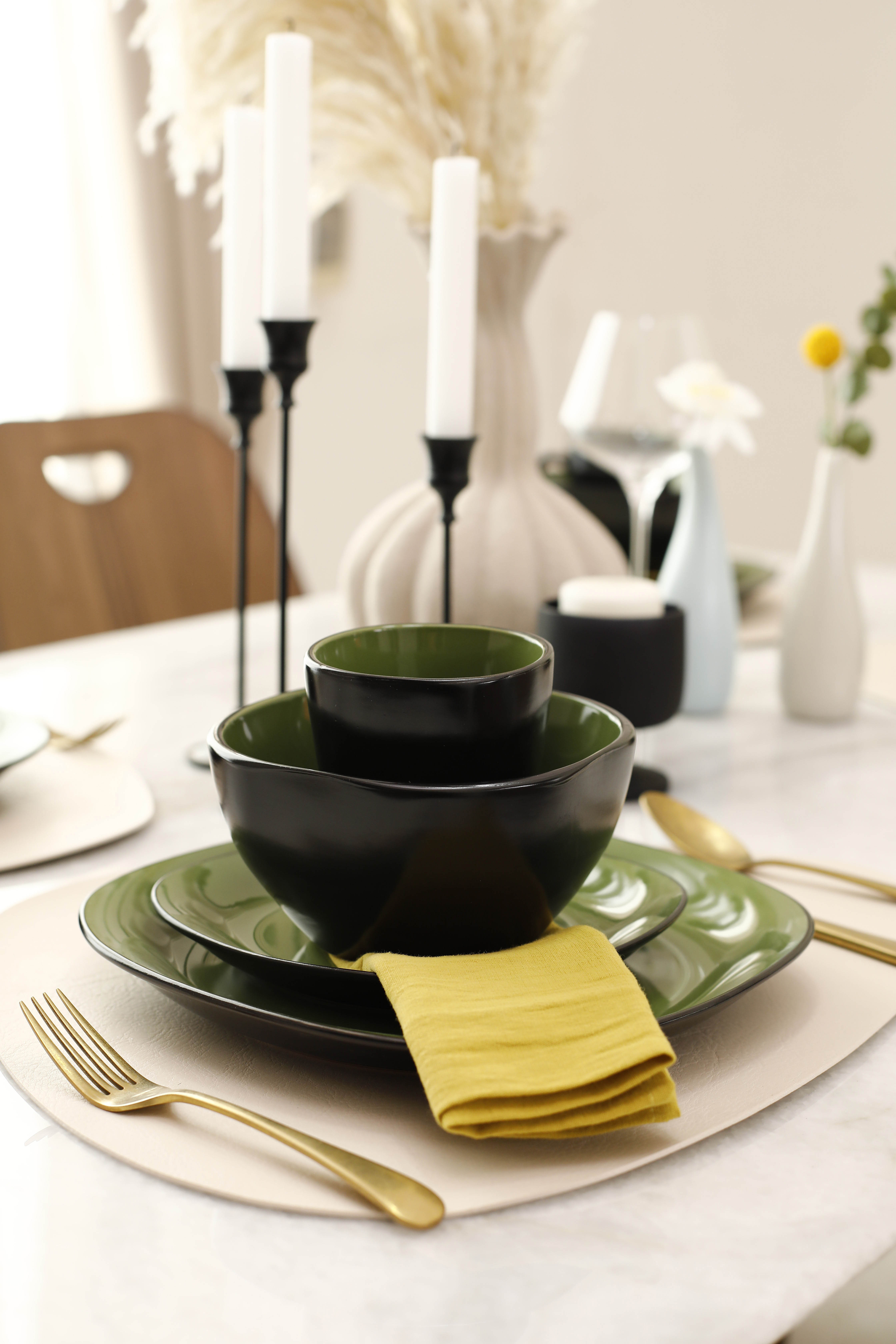 16pcs stoneware dinnerware set black outside color inside Temu
