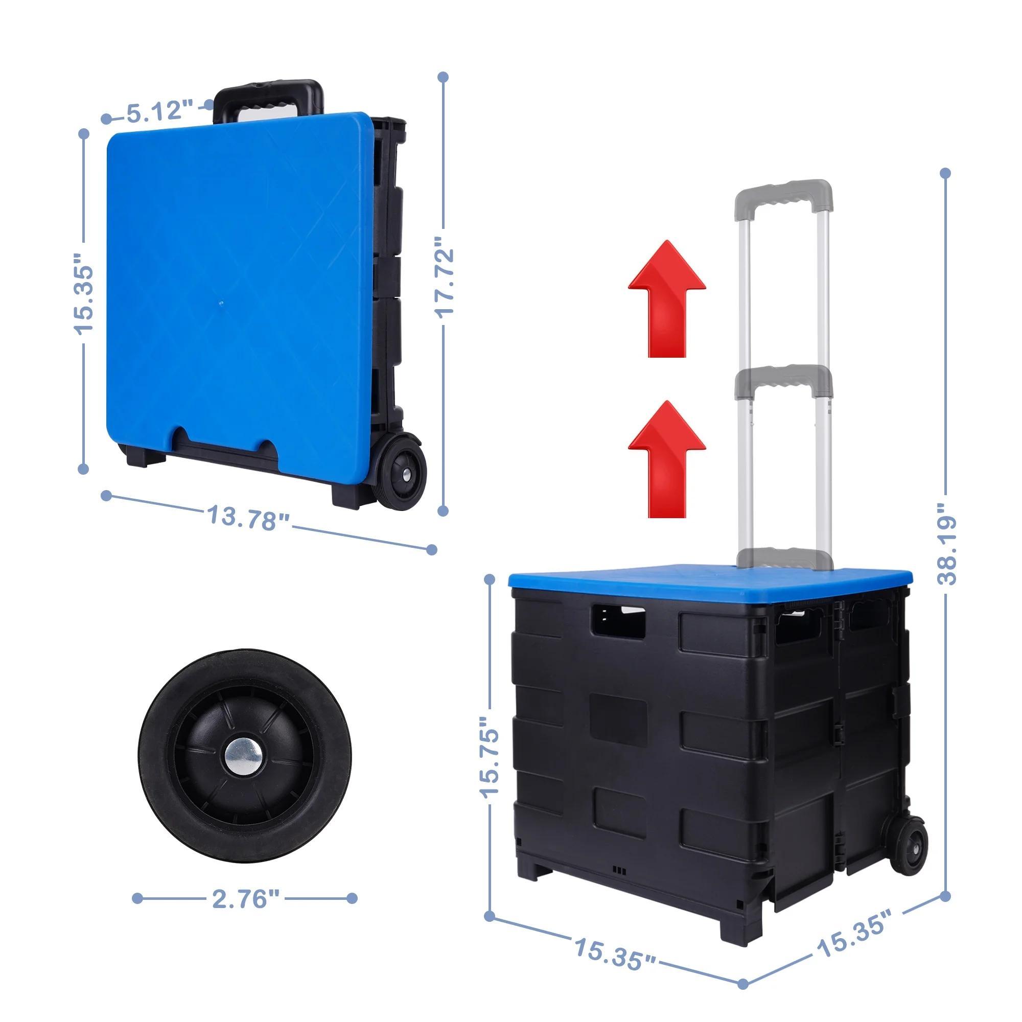 

Cart Collapsible Rolling Crate On Wheels For Teachers Tote Basket, 80 Lbs Capacity, Blue Lid Made From Heavy Duty Plastic And Used As A Seat