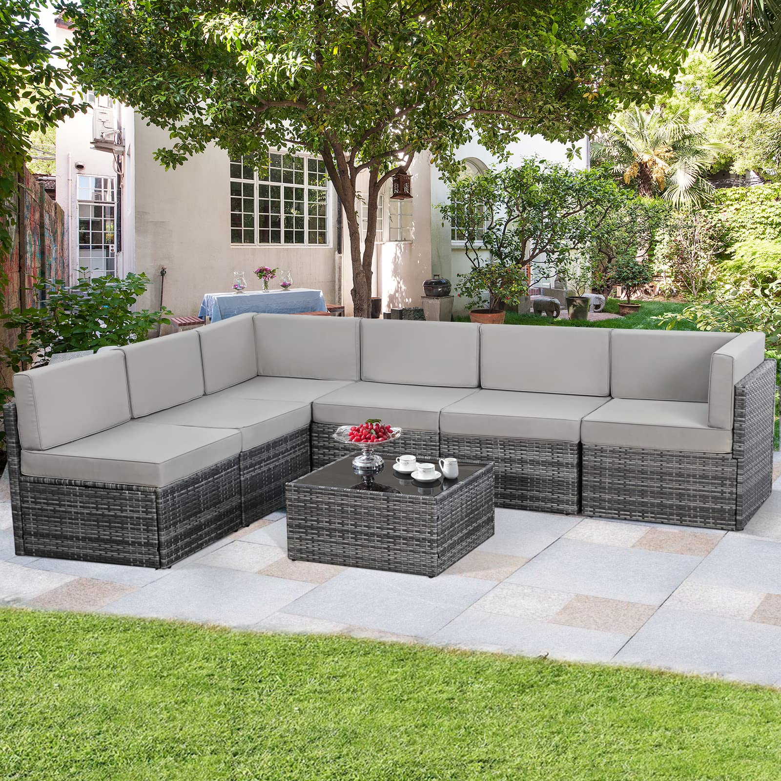 

7 Piece Outdoor Patio Furniture Set, Outdoor Sectional Conversation Furniture Chair With Coffee Table,patio Sectional For Garden,backyard(grey Cushions And Grey Pe Rattan)