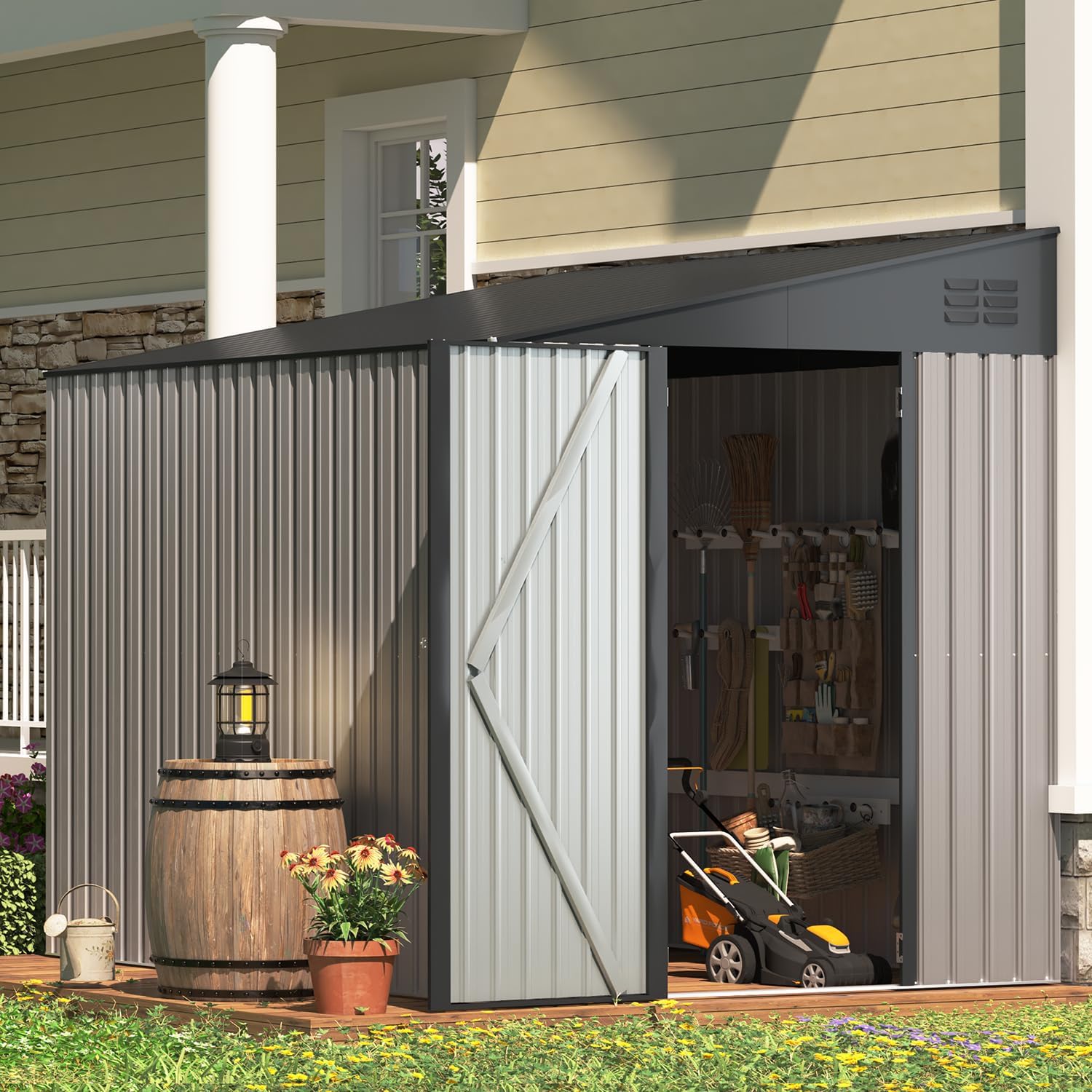 

Shed Lean To Storage Shed, Outdoor 6' X 8' Metal Wall Side Storage Sheds & Outdoor Storage, Garden Storage Cabinet For Backayrd, Patio And Outdoor Use In Grey
