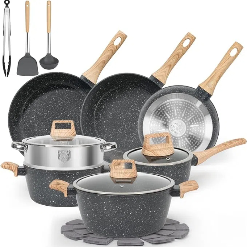 

17-piece Black Granite Nonstick Cookware Set, Including Frying Pans, Saucepans, Steamer, Silicone Shovel, Spoon, And Tongs. Free Of Pfos And Pfoa.