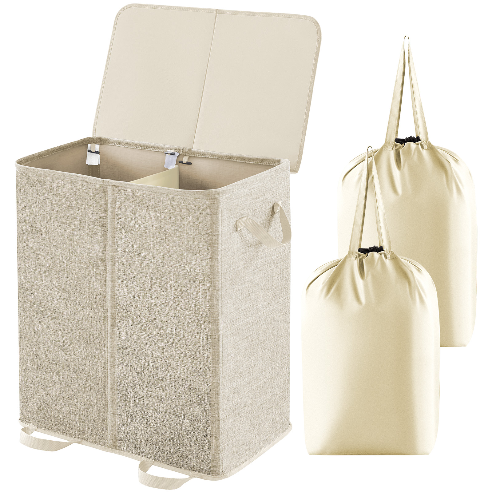 

Double Laundry Hamper With Lid And Removable Laundry Bags, Large Collapsible 2 Dividers Dirty Clothes Basket With Handles For Bedroom, Laundry Room, Closet, Bathroom, College, Beige