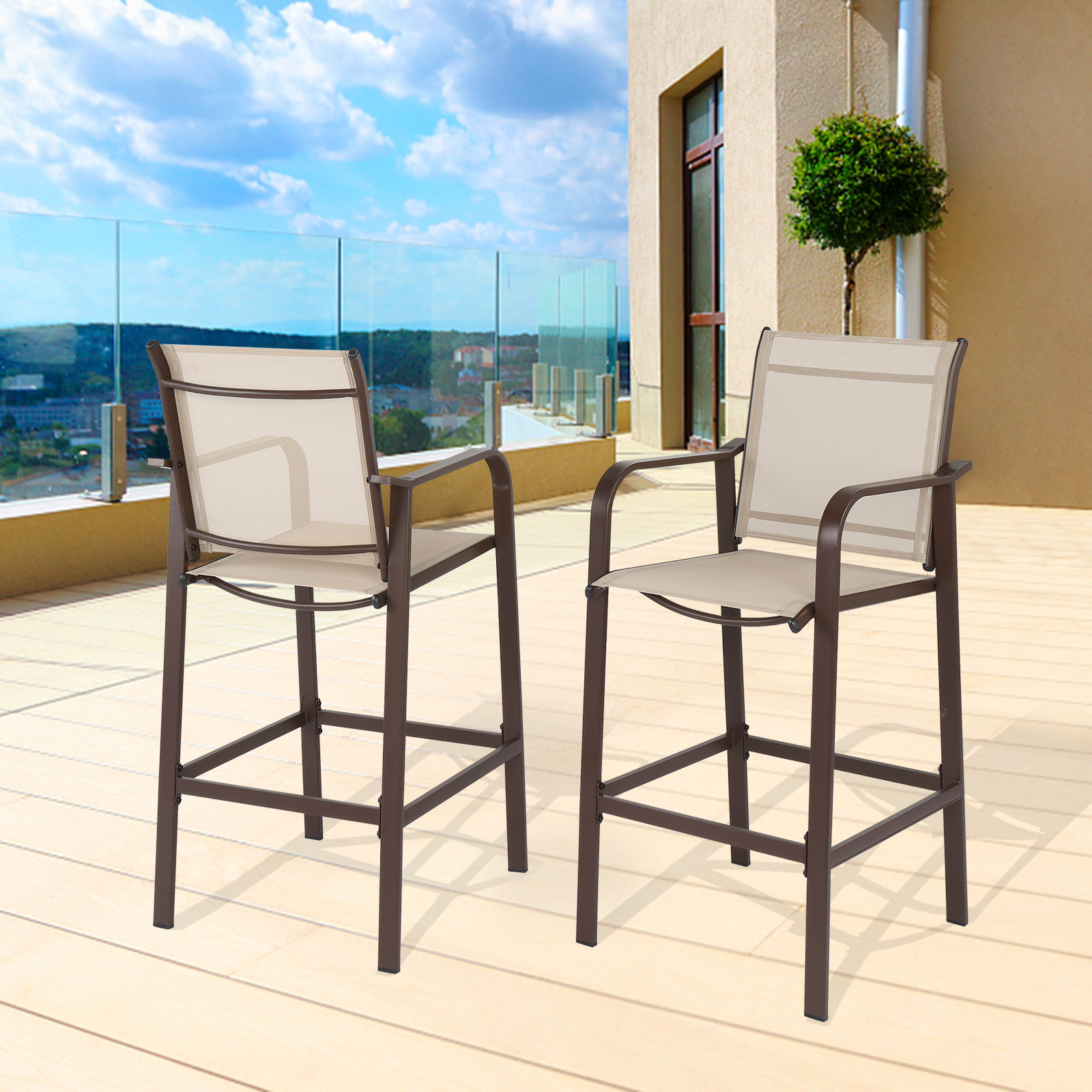 

2pcs Wrought Iron Brown Frame Beige Cloth Surface Garden Bar Chair