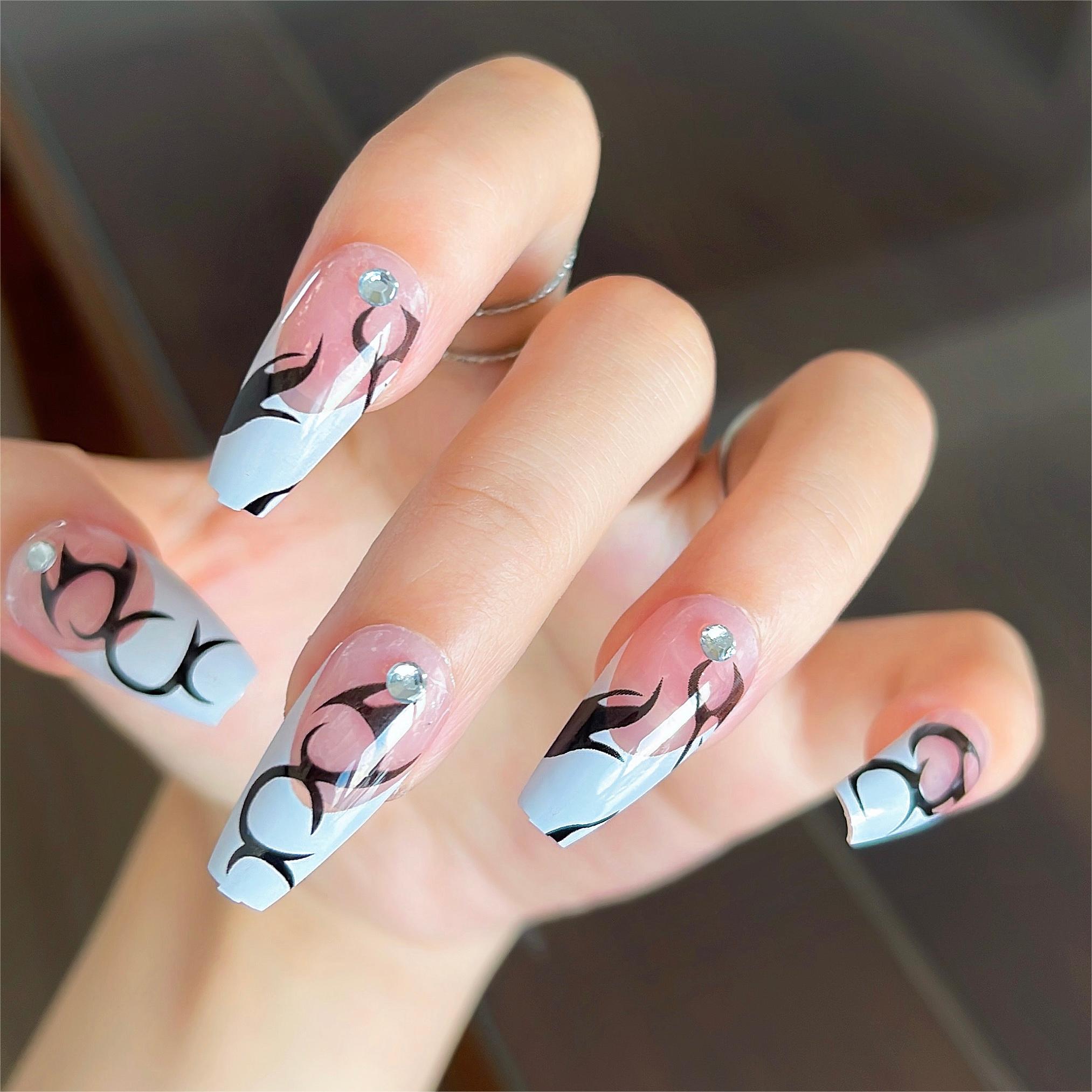 

Nails- 24 Pcs Press On Nails Long Coffin Fake Nails -blue French With False Nails - Long Press-on Nails Full Cover Summer Press On Nails For Women Manicure.