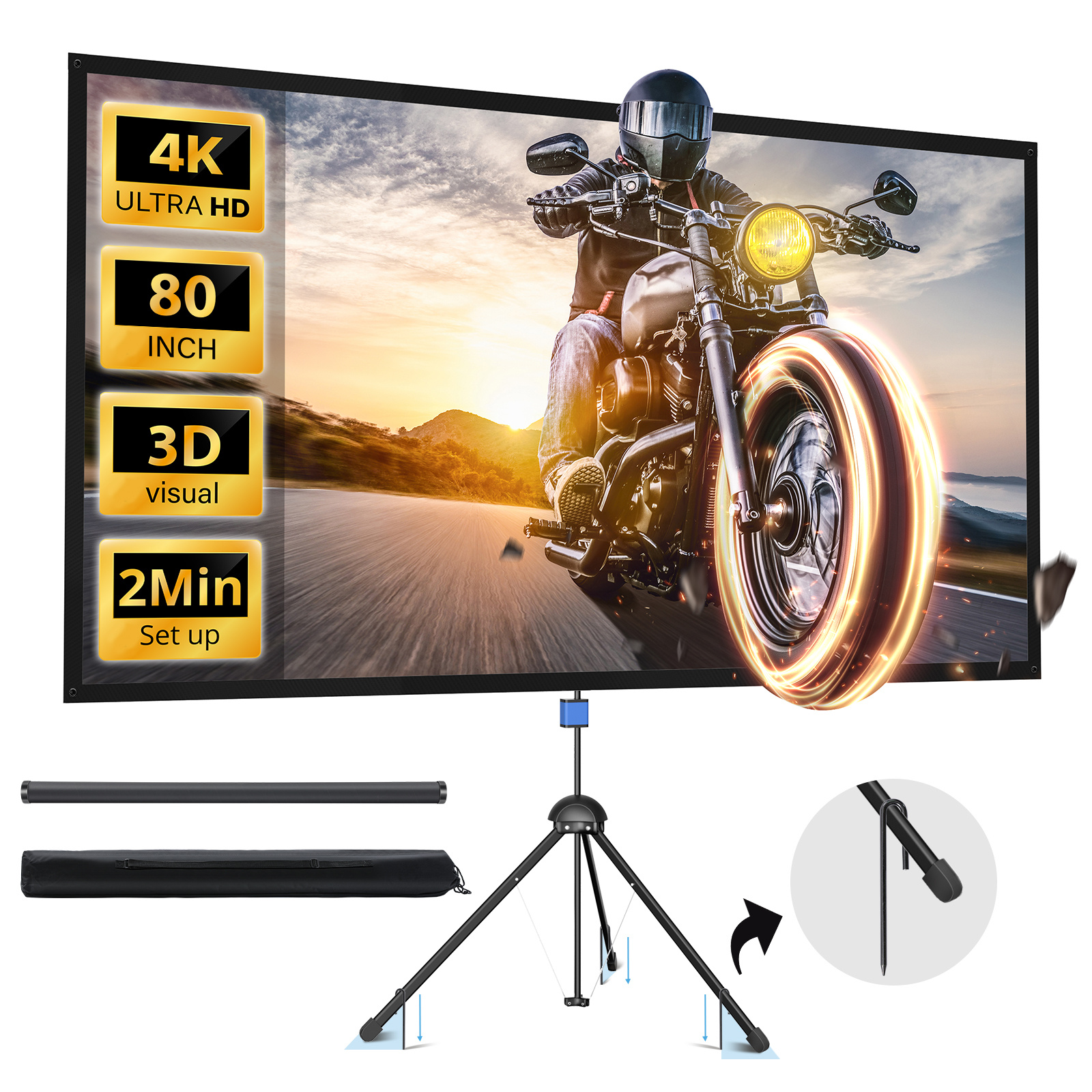 

Projector Screen With Stand, Paris Rhne 80 Inch Indoor Outdoor Projector Screen 16:9 4k Hd Pvc, 1.5 Portable Wrinkle-free Screen For Backyard Theater And Wall Hanging 2in1 With Carry Bag, Ground