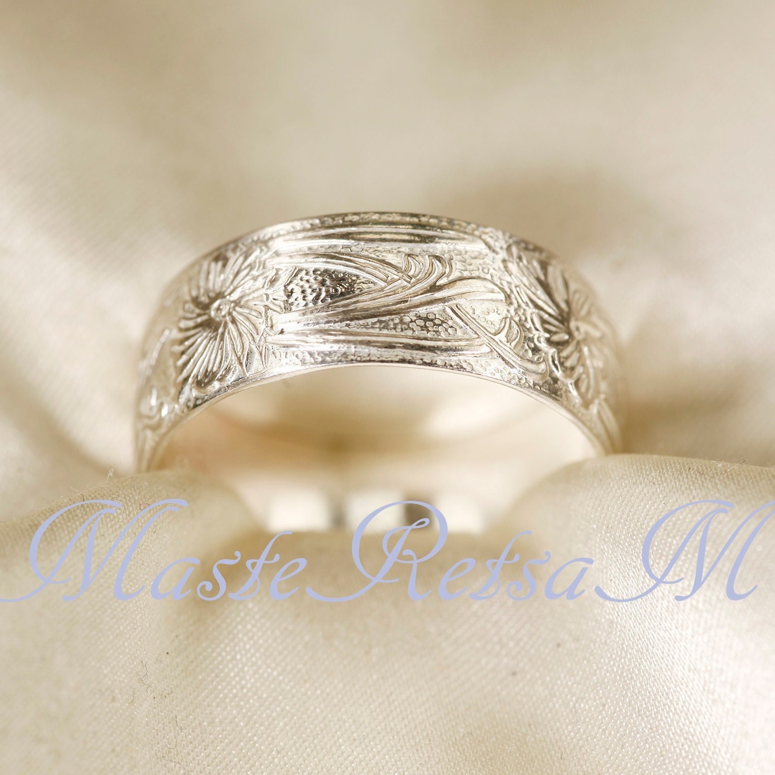 

(2107) Wide 925 Sterling Silver Floral Pattern Ring, Handmade 925 Sterling Silver Ring, Handmade In The U.s. 7.7mm Width (u.s. Standard Size, Recommend Half Size Up Due To 7.7mm Width)