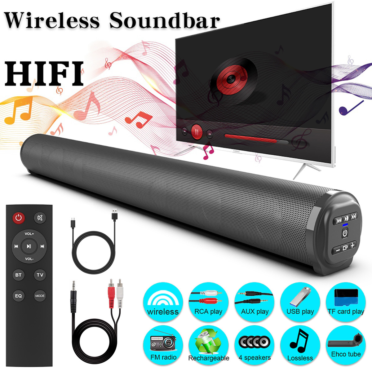 

Soundcars For Tv, 20w Home Theater Sound Bar With Remote Control, Support Tf Card, Usb, Aux And Rca Audio Input, Surround Sound System Speaker With 4pcs Subwoofer For Pc/gaming/projectors