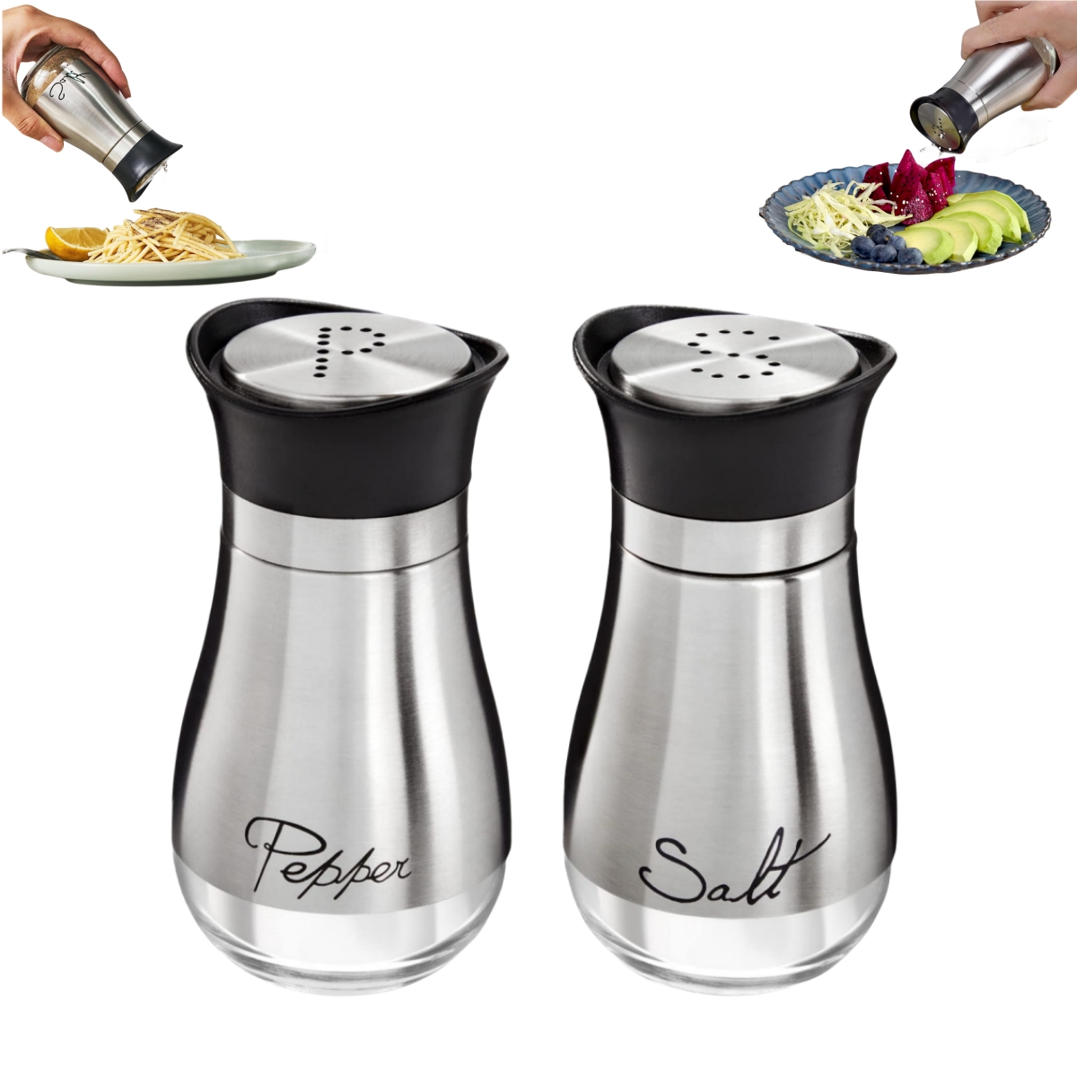 

Salt And Pepper Shakers Set With Stainless Steel Lid And Glass Bottle,for Kitchen Table, Rv, Camp, Bbq (black)