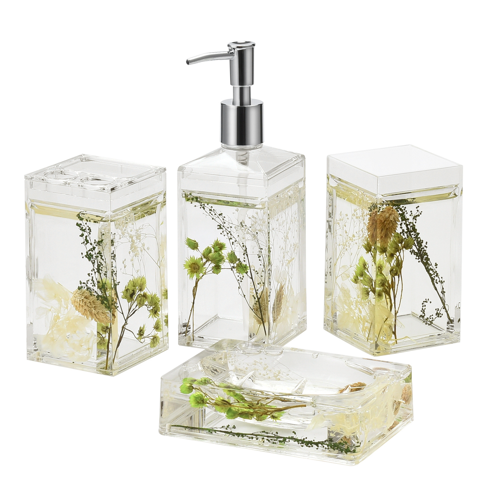 TEMU Home Acrylic Liquid 3d Floating Motion Kitchen Bathroom Vanity Accessory Set 4 Pieces Garden Theme Soap Dispenser Soap Dish