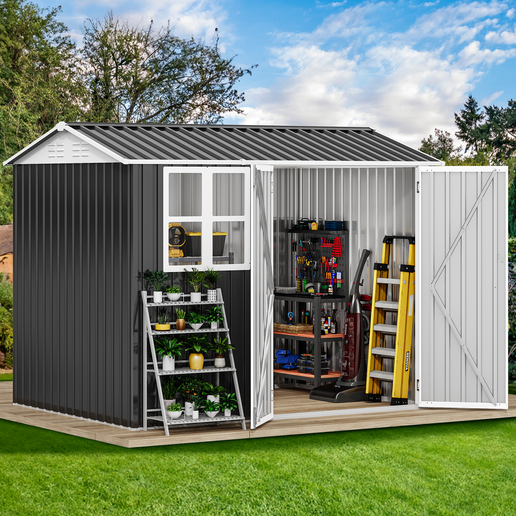 

8x6ft Metal Outdoor Storage Shed With Window, Lockable Tool Storage Sheds, Oversized Steel Garden Sheds With Sloped Roof For Backyard, Patio, Garage, Lawn, Dark Gray