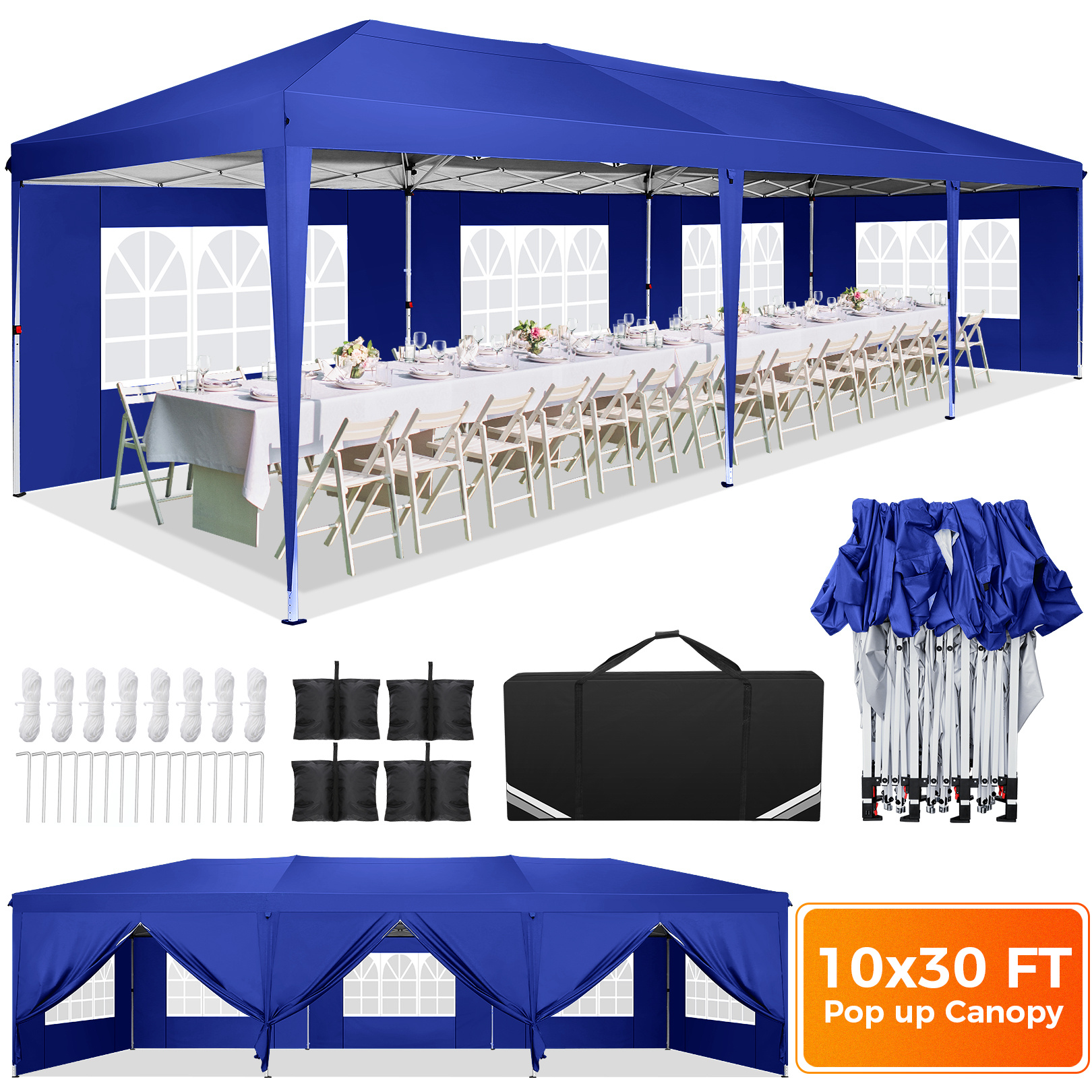 

10x30 Pop Up Canopy Tent With 8 Sidewalls Waterproof Outdoor Party Tent Canopy Tents For Parties Camping Commercial Event Gazebo Portable Tent For Backyard Wedding With Sandbags,