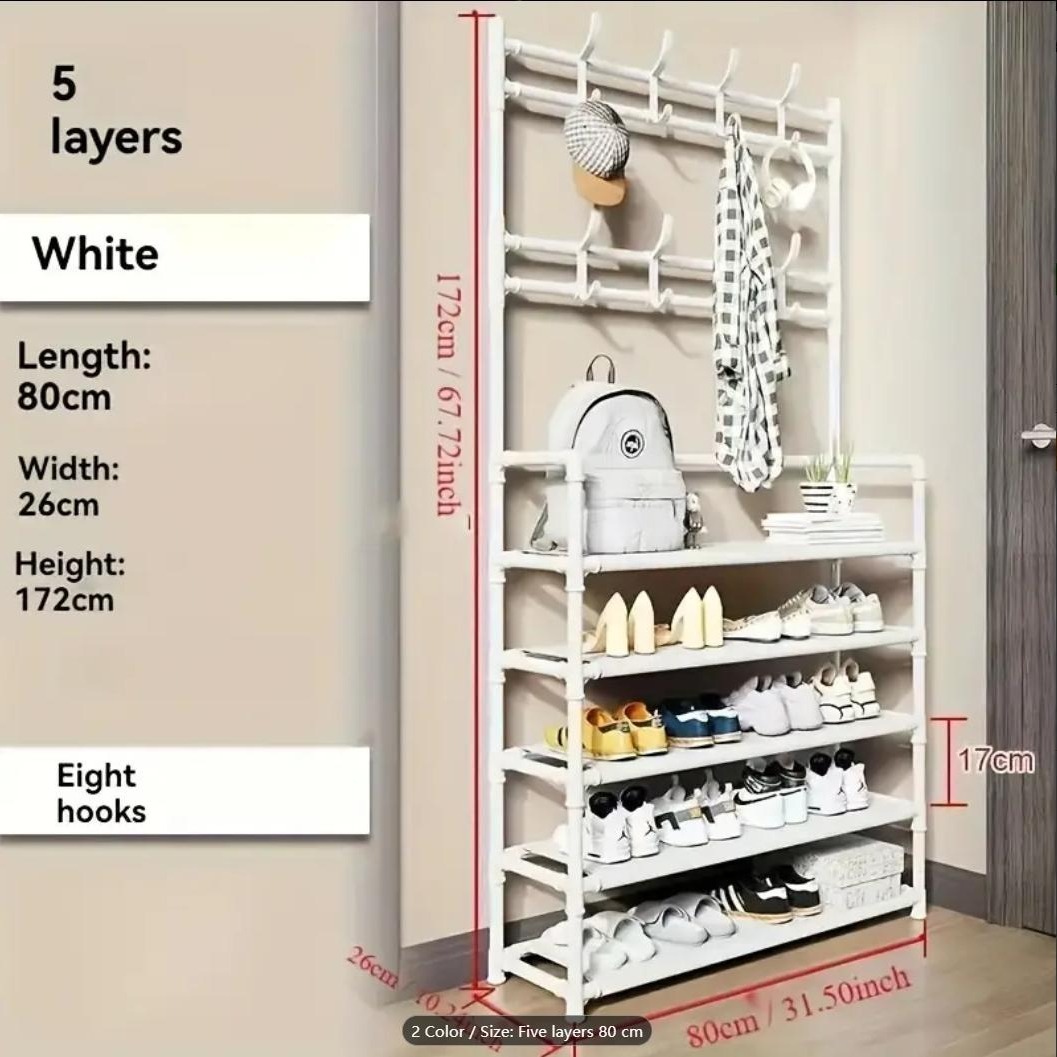 

5 Tier Shoe Rack Coat Rack Shoe Shelf Storage Organizer With Hooks For Entryway Bedroom Closet, Black And White