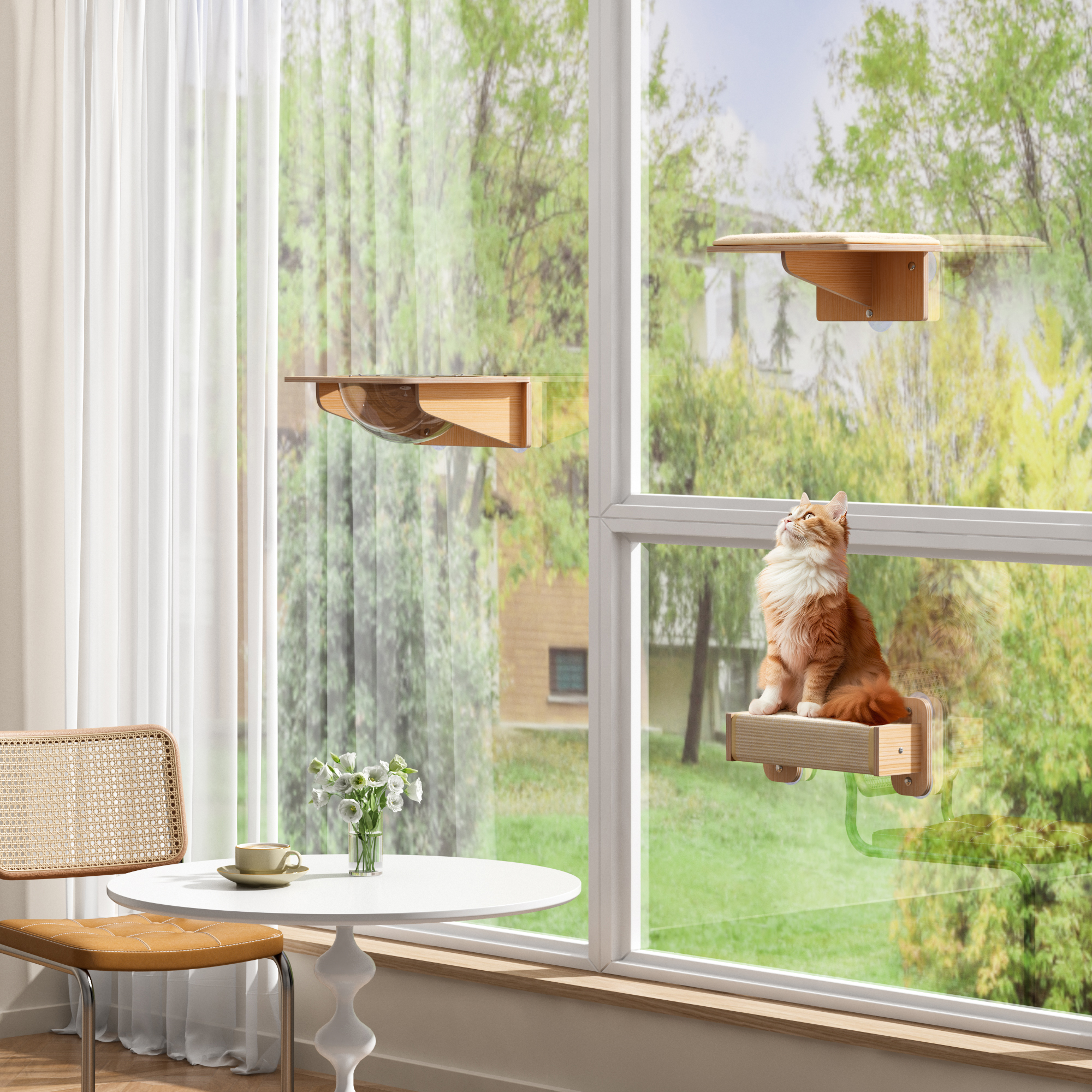 

3pcs Cat Window Perch Hammock, Cat Wall Shelves With Suction Cups & Climbing Steps & Scratching Post & Seat, Wooden Cat Wall Window Furniture, Wall Mounted Cat Climber Pet Bed For Indoor Cats