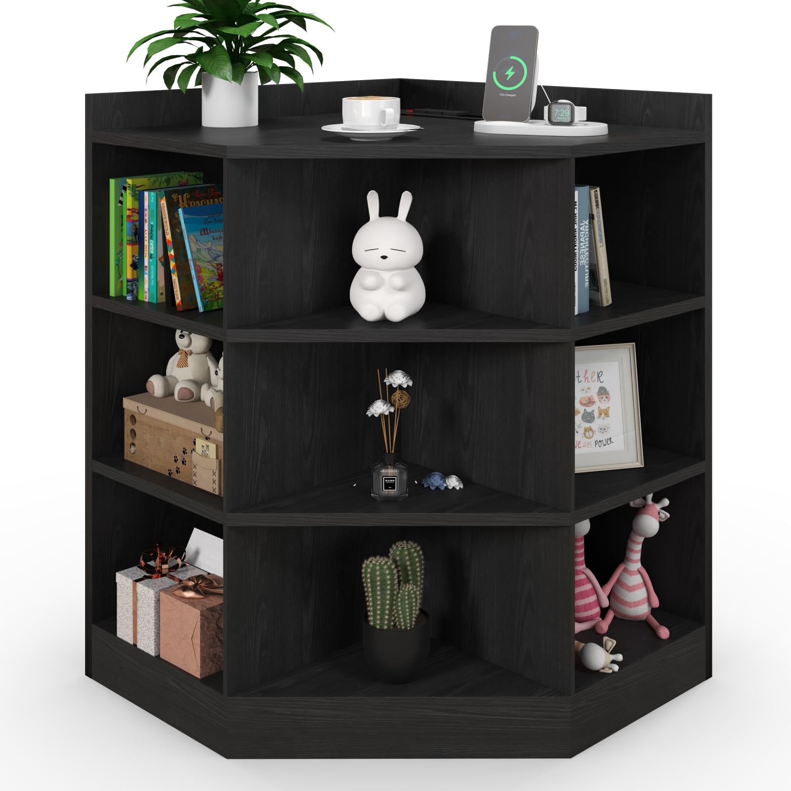 

Corner Cabinet, 9-cubby Corner Bookshelf Bookcase, Corner Cabinet Storage With Charging Station