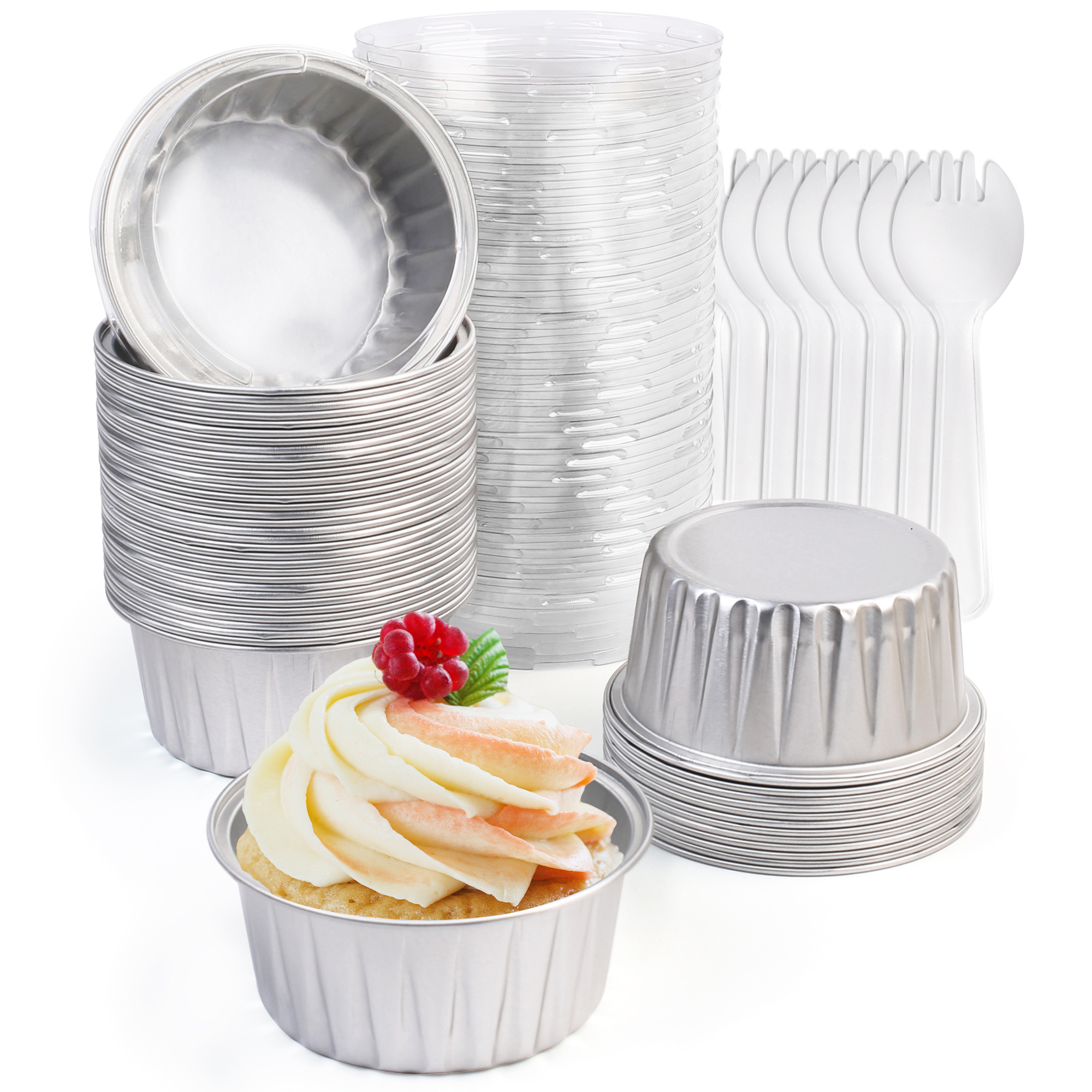 

Lotfancy Aluminum Foil Baking Cups With Lids And Spoons, 5oz/125ml, 50pcs Disposable Creme Brulee Ramekins, Oven Safe Aluminum Cupcake Liners Containers, Silver